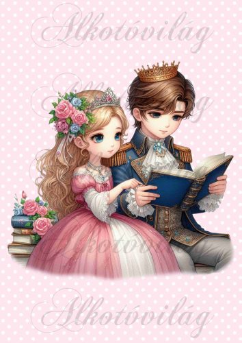 Párnablokk - vászontáska blokk - Könyvet olvasó herceg és hercegnő pöttyös háttérrel