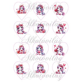   Valentin napi unikornisok szívekkel - 6,5 cm magas szíveken