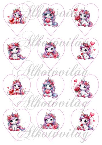 Valentin napi unikornisok szívekkel - 6,5 cm magas szíveken
