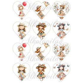   Rajzolt kislányok 6,5 cm magas szívekben, patchwork ruhákban