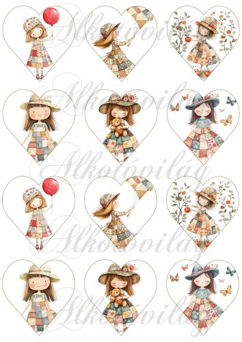 Rajzolt kislányok 6,5 cm magas szívekben, patchwork ruhákban