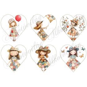   Rajzolt kislányok 9 cm magas szívekben, patchwork ruhákban