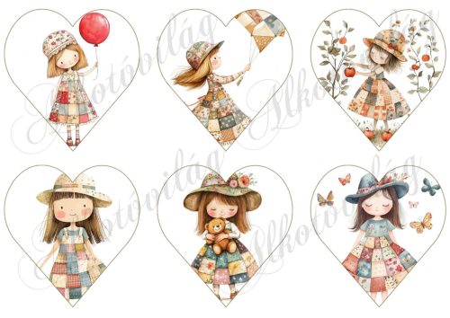 Rajzolt kislányok 9 cm magas szívekben, patchwork ruhákban