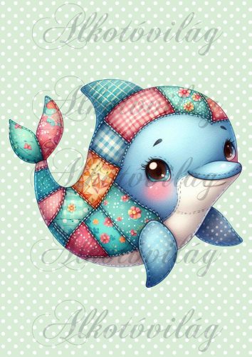Patchwork delfin pöttyös háttérrel - PÁRNABLOKK, VÁSZONTÁSKA BLOKK, PATCHWORK BLOKK, UZSONNÁSTASAK BLOKK