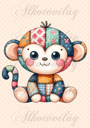 Patchwork majom pöttyös háttérrel - PÁRNABLOKK, VÁSZONTÁSKA BLOKK, PATCHWORK BLOKK, UZSONNÁSTASAK BLOKK