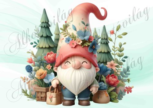 Csukott szemű manó virágokkal, fenyőkkel - PÁRNABLOKK, VÁSZONTÁSKA BLOKK, PATCHWORK BLOKK, UZSONNÁSTASAK BLOKK