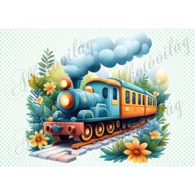   Kék-sárga vonat virágokkal - PÁRNABLOKK, VÁSZONTÁSKA BLOKK, PATCHWORK BLOKK, UZSONNÁSTASAK BLOKK