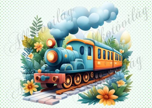 Kék-sárga vonat virágokkal - PÁRNABLOKK, VÁSZONTÁSKA BLOKK, PATCHWORK BLOKK, UZSONNÁSTASAK BLOKK