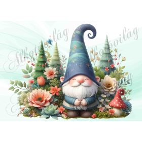   Mosolygós, bajszos manó virágokkal, fenyőkkel - PÁRNABLOKK, VÁSZONTÁSKA BLOKK, PATCHWORK BLOKK, UZSONNÁSTASAK BLOKK