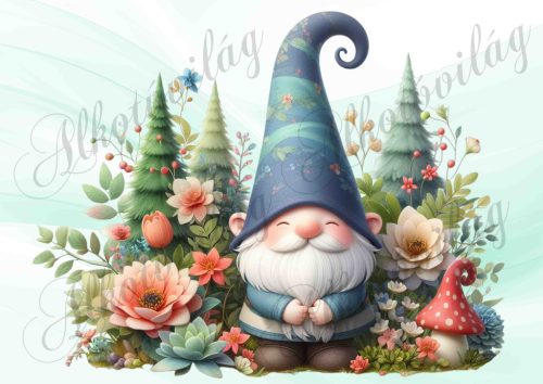 Mosolygós, bajszos manó virágokkal, fenyőkkel - PÁRNABLOKK, VÁSZONTÁSKA BLOKK, PATCHWORK BLOKK, UZSONNÁSTASAK BLOKK