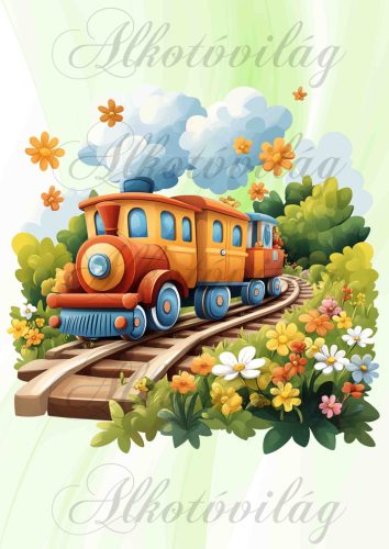 Vonat vidám, színes virágokkal - PÁRNABLOKK, VÁSZONTÁSKA BLOKK, PATCHWORK BLOKK, UZSONNÁSTASAK BLOKK