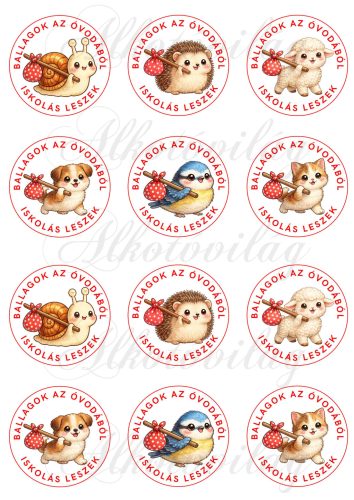 BALLAGOK AZ ÓVODÁBÓL - ISKOLÁS LESZEK feliratú körök cuki állatkákkal - CSIGA, SÜNI, BÁRÁNY, KUTYA, MADÁRKA, CICA - 6 cm