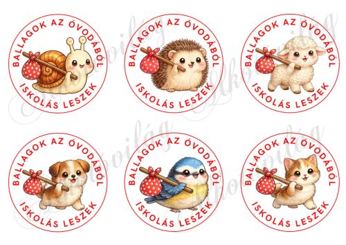 BALLAGOK AZ ÓVODÁBÓL - ISKOLÁS LESZEK feliratú körök cuki állatkákkal - CSIGA, SÜNI, BÁRÁNY, KUTYA, MADÁRKA, CICA - 8,5 cm
