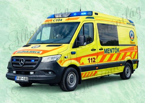 Mentőautó zöld márványos háttérrel - PÁRNABLOKK, VÁSZONTÁSKA BLOKK, PATCHWORK BLOKK, UZSONNÁSTASAK BLOKK