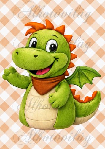 Süsü barátja, cuki sárkány narancsos háttérrel - PÁRNABLOKK, VÁSZONTÁSKA BLOKK, PATCHWORK BLOKK, UZSONNÁSTASAK BLOKK