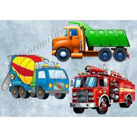   Tűzoltóautó, betonkeverő, billencs kékesszürke háttéren - PÁRNABLOKK, VÁSZONTÁSKA BLOKK, PATCHWORK BLOKK, UZSONNÁSTASAK BLOKK