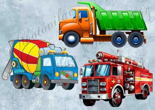 Tűzoltóautó, betonkeverő, billencs kékesszürke háttéren - PÁRNABLOKK, VÁSZONTÁSKA BLOKK, PATCHWORK BLOKK, UZSONNÁSTASAK BLOKK
