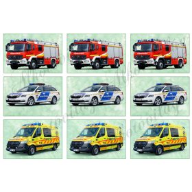   Tűzoltóautó, mentőautó, rendőrautó márványos alapon - 9 x 6 cm - HŰTŐMÁGNES, AJÁNDÉKKÍSÉGŐ készítéshez