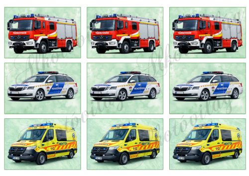 Tűzoltóautó, mentőautó, rendőrautó márványos alapon - 9 x 6 cm - HŰTŐMÁGNES, AJÁNDÉKKÍSÉGŐ készítéshez