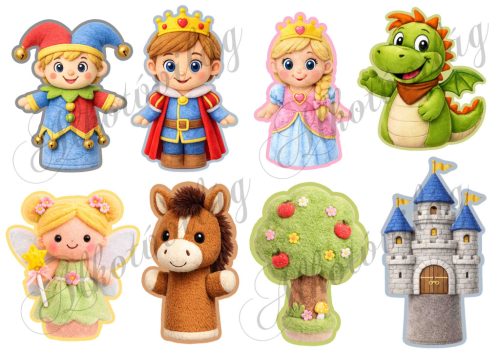 Ujjbábok meséhez - cuki sárkány, királylány, királyfi, tündér, kastély, fa, udvari bolond, lovacska