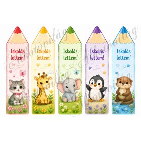   Könyvjelzők cica, zsiráf, elefánt, pingvin, hód állatkákkal, Iskolás lettem felirattal - kb. 19 x 4,7 cm