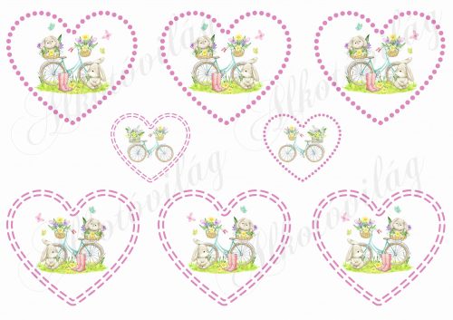 Két kis nyuszi biciklivel, virágokkal szívekben