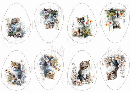 Tojások négyféle akvarell stílusban festett cuki cicával és tavaszi virágokkal
