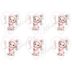   Mosolygós kedves nyuszikák rózsaszín ruhában 9 cm magas szívekben - SZERETETTEL felirattal