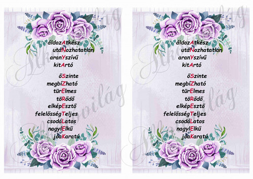 ANYA SZERETLEK felirat lila rózsákkal 2db