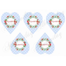   Kék alapon fehér pöttyös duci szívek pipacsos koszorúval - SZERETETTEL felirattal