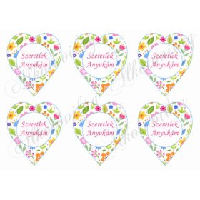   9 cm magas szívek vidám, színes apró virágokkal - SZERETLEK ANYUKÁM felirattal