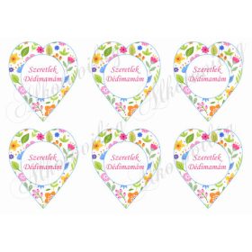   9 cm magas szívek vidám, színes apró virágokkal - SZERETLEK DÉDIMAMÁM felirattal