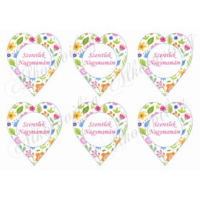   9 cm magas szívek vidám, színes apró virágokkal - SZERETLEK NAGYMAMÁM felirattal