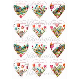    6,5 cm magas szívek csodás tulipánokkal és házikókkal gyapjú utánzatú struktúrával - SZERETLEK ANYUKÁM felirattal