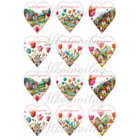    6,5 cm magas szívek csodás tulipánokkal és házikókkal gyapjú utánzatú struktúrával - SZERETLEK NAGYMAMÁM felirattal