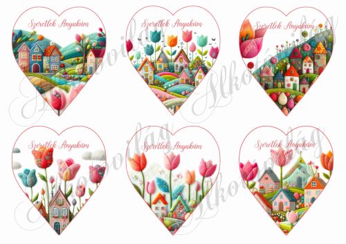  9 cm magas szívek csodás tulipánokkal és házikókkal gyapjú utánzatú struktúrával - SZERETLEK ANYUKÁM felirattal
