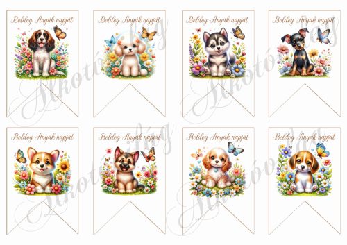 Cuki kutyusok virágokkal bannereken - BOLDOG ANYÁK NAPJÁT felirattal- 9 x 6,5 cm