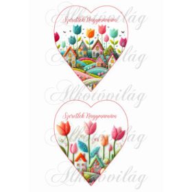   13,5 x 11,5 cm - es szívek csodás tulipánokkal és házikókkal gyapjú utánzatú struktúrával - SZERETLEK NAGYMAMÁM felirattal 2
