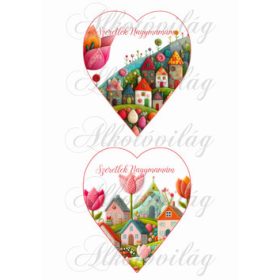   13,5 x 11,5 cm - es szívek csodás tulipánokkal és házikókkal gyapjú utánzatú struktúrával - SZERETLEK NAGYMAMÁM felirattal 3