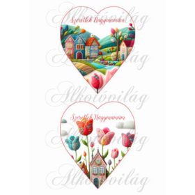   13,5 x 11,5 cm - es szívek csodás tulipánokkal és házikókkal gyapjú utánzatú struktúrával - SZERETLEK NAGYMAMÁM felirattal