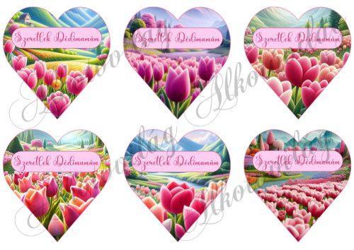 9 cm magas szívek pink-rózsaszín tulipános tájjal patchwork stílusban, gyapjú textúrával - SZERETLEK DÉDIMAMÁM felirattal