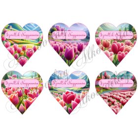   9 cm magas szívek pink-rózsaszín tulipános tájjal patchwork stílusban, gyapjú textúrával - SZERETLEK NAGYMAMÁM felirattal