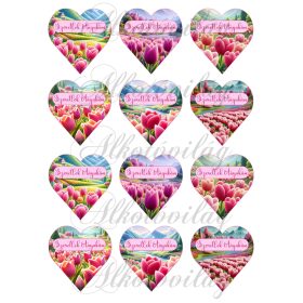   6,5 cm magas szívek pink-rózsaszín tulipános tájjal patchwork stílusban, gyapjú textúrával - SZERETLEK ANYUKÁM felirattal