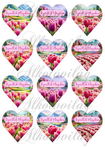 6,5 cm magas szívek pink-rózsaszín tulipános tájjal patchwork stílusban, gyapjú textúrával - SZERETLEK ANYUKÁM felirattal