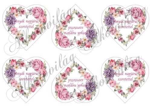 Szív koszorúk lila és rózsaszín árnyalatokban - ANYÁK NAPJÁRA SZERETETTEL felirattal- 9 cm magas