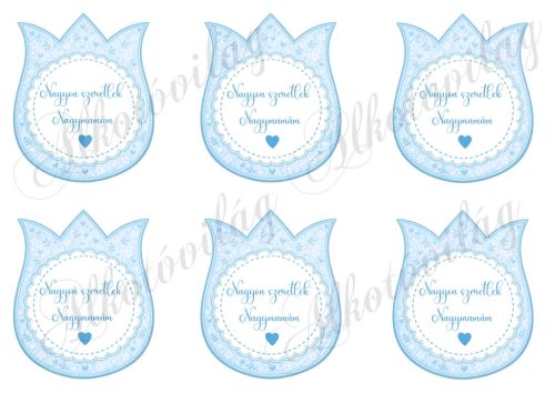 9 cm magas pasztell kék tulipánok - NAGYON SZERETLEK NAGYMAMÁM - felirattal