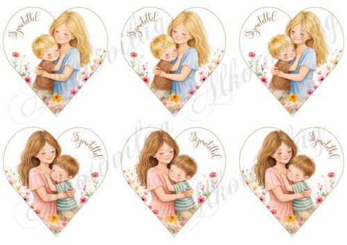 9 cm magas szívek anyukával és kisfiával - SZERETETTEL felirattal - ANYÁK NAPJÁRA