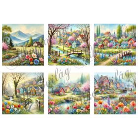   9 x 9 cm-es négyzetek tavaszi tájképekkel, házzakkal, virágokkal