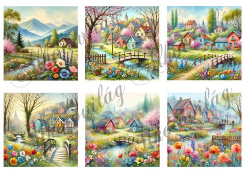 9 x 9 cm-es négyzetek tavaszi tájképekkel, házzakkal, virágokkal