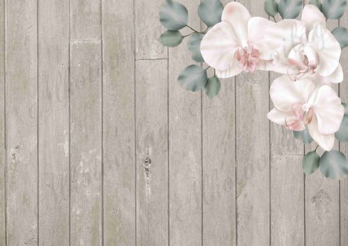 Fotóháttér fehéres orchideákkal deszkás háttérrel termékfotózáshoz